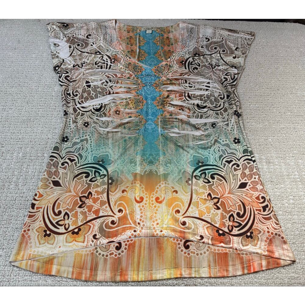 One World Live and Let Live Womens XL Top Cap Sleeve Embellished Rhinestone Boho - Picture 11 of 11